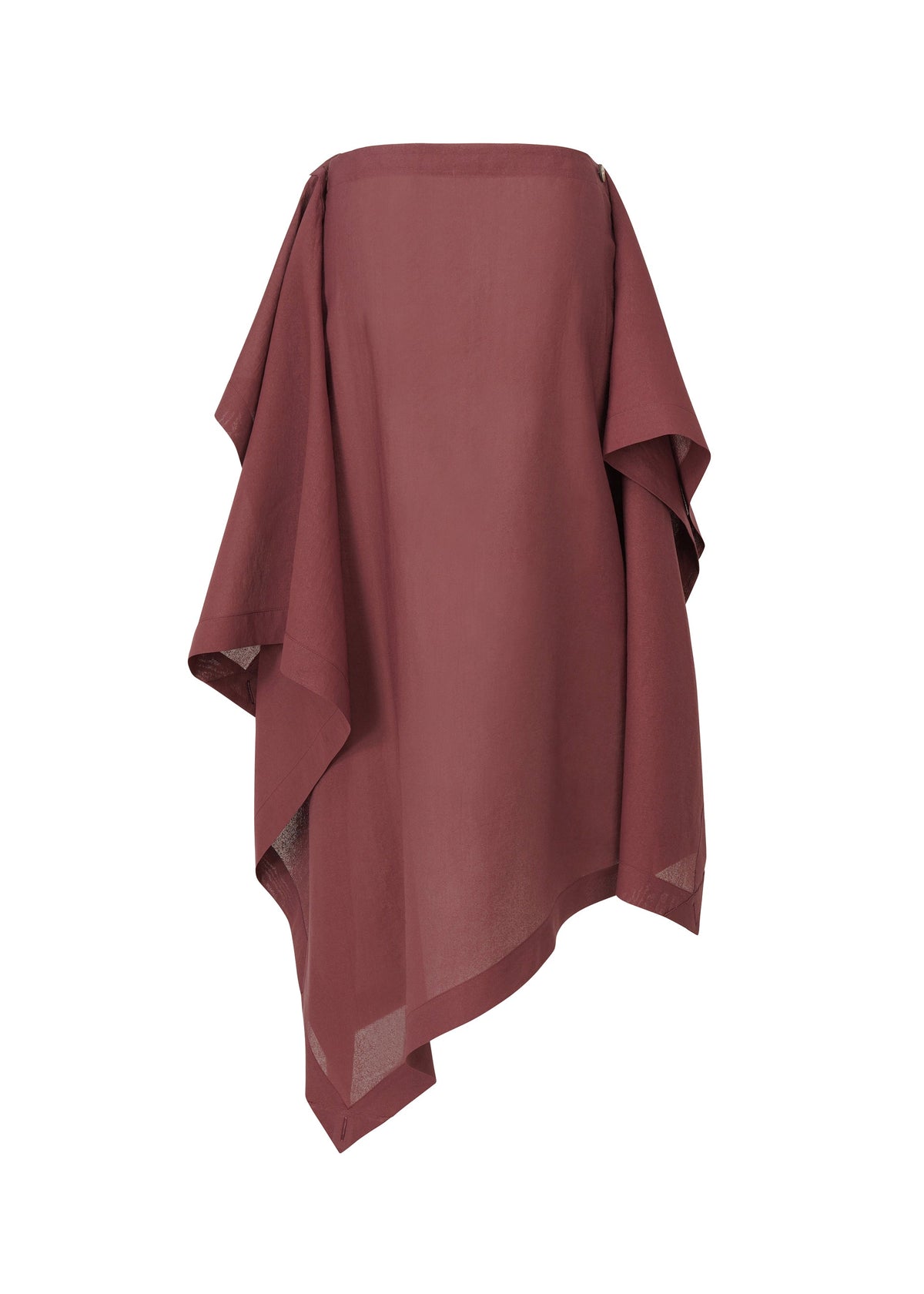 The ALL SQUARES by ISSEY MIYAKE is a maroon, asymmetrical poncho-style garment in ultra-fine polyester, featuring wide draping sides and a loose fit, shown on a white background. view 4 of 10
