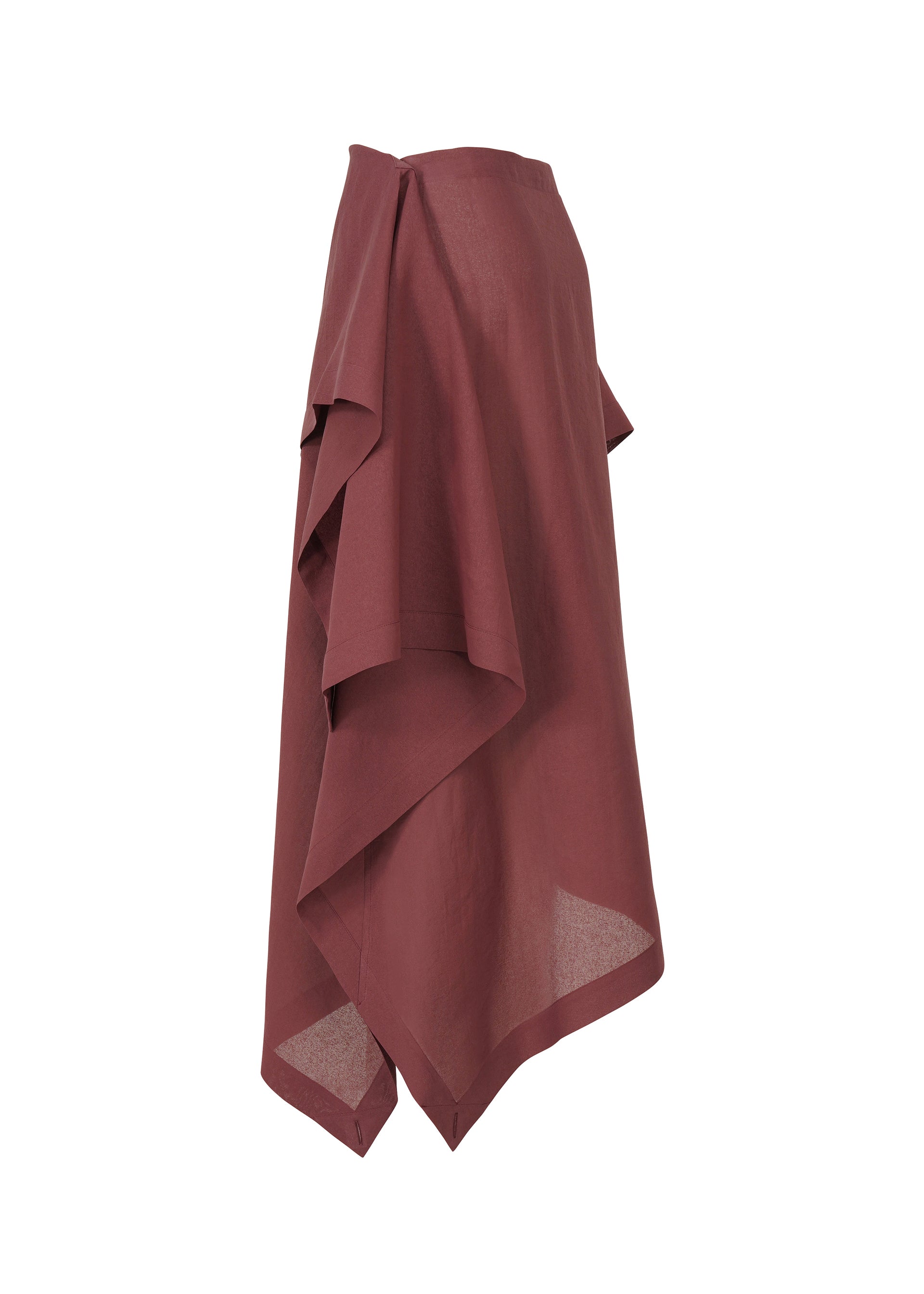 Zoomed view The ALL SQUARES skirt by ISSEY MIYAKE features maroon, asymmetrical, layered draped ultra-fine polyester inspired by Japanese Washi paper and an uneven hemline, displayed on a plain white background.