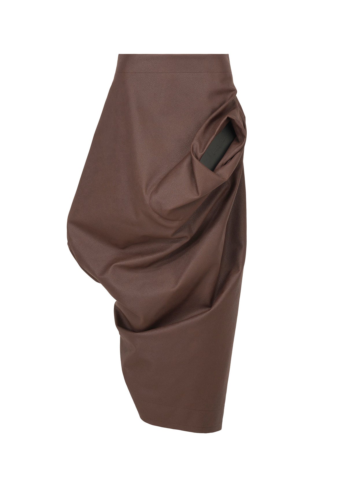 The ISSEY MIYAKE PEU FORM³ is a brown asymmetric faux leather skirt from the Autumn Winter 2025/26 Collection, featuring an abstract drape and large gathered side pocket. Smooth, modern finish. Shown on a plain white background. view 2 of 10