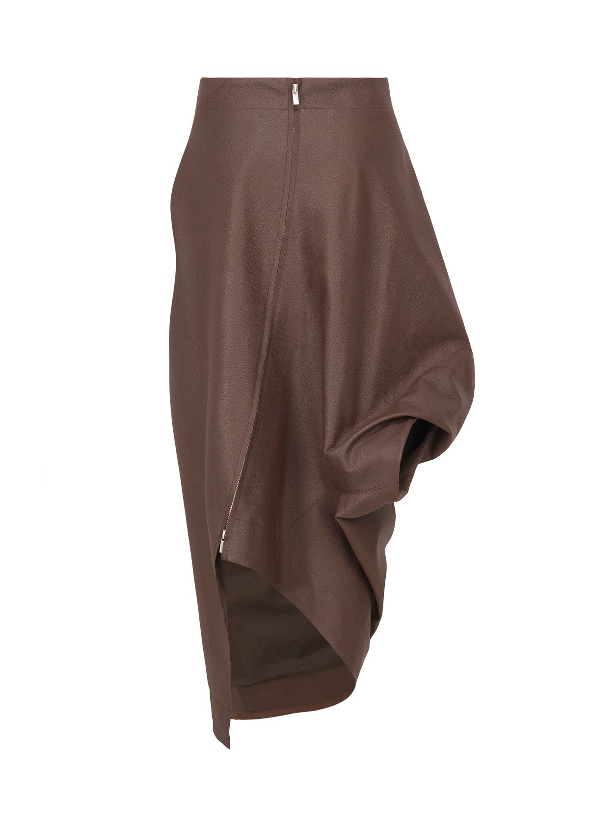 The PEU FORM³ skirt by ISSEY MIYAKE from the Autumn Winter 2025/26 Collection features brown artificial leather, a high waist, diagonal zipper, and asymmetric draped gathering for a modern sculptural look. view 4 of 10