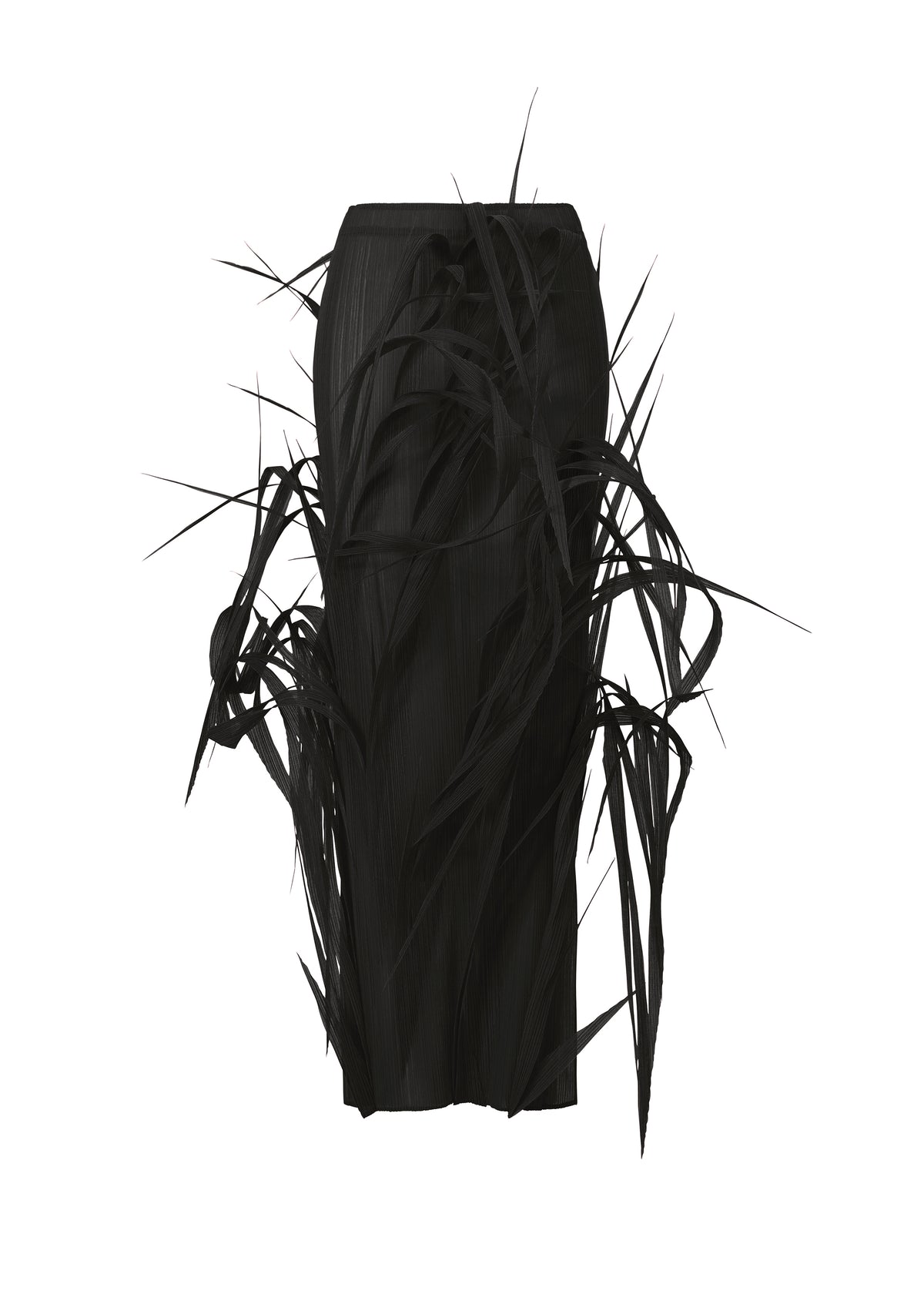 The ISSEY MIYAKE "URBAN JUNGLE" is a black midi skirt with a fitted shape and bold, irregular spiky fringes that project outward for an avant-garde effect. Photographed against a plain white background. view 1 of 8