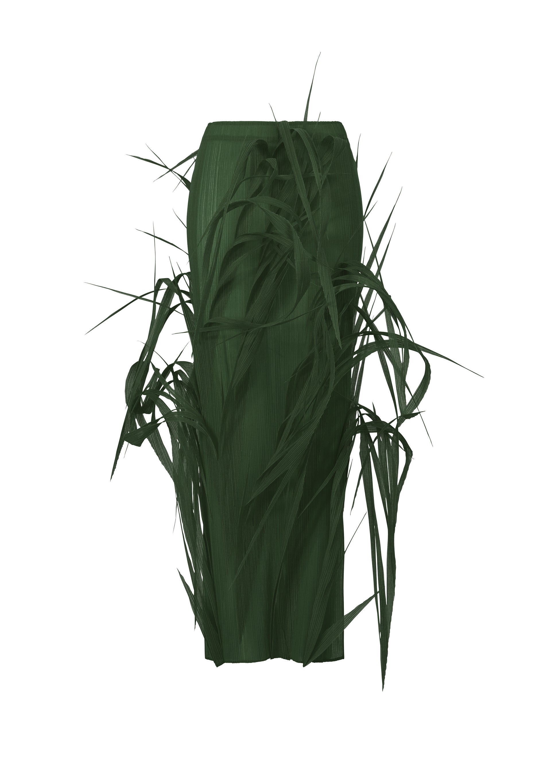 Zoomed view The ISSEY MIYAKE URBAN JUNGLE skirt features a dark green, grass-inspired design with long, pointed leaves extending outward for a natural, organic look against a white background. - DARK GREEN （no.63）