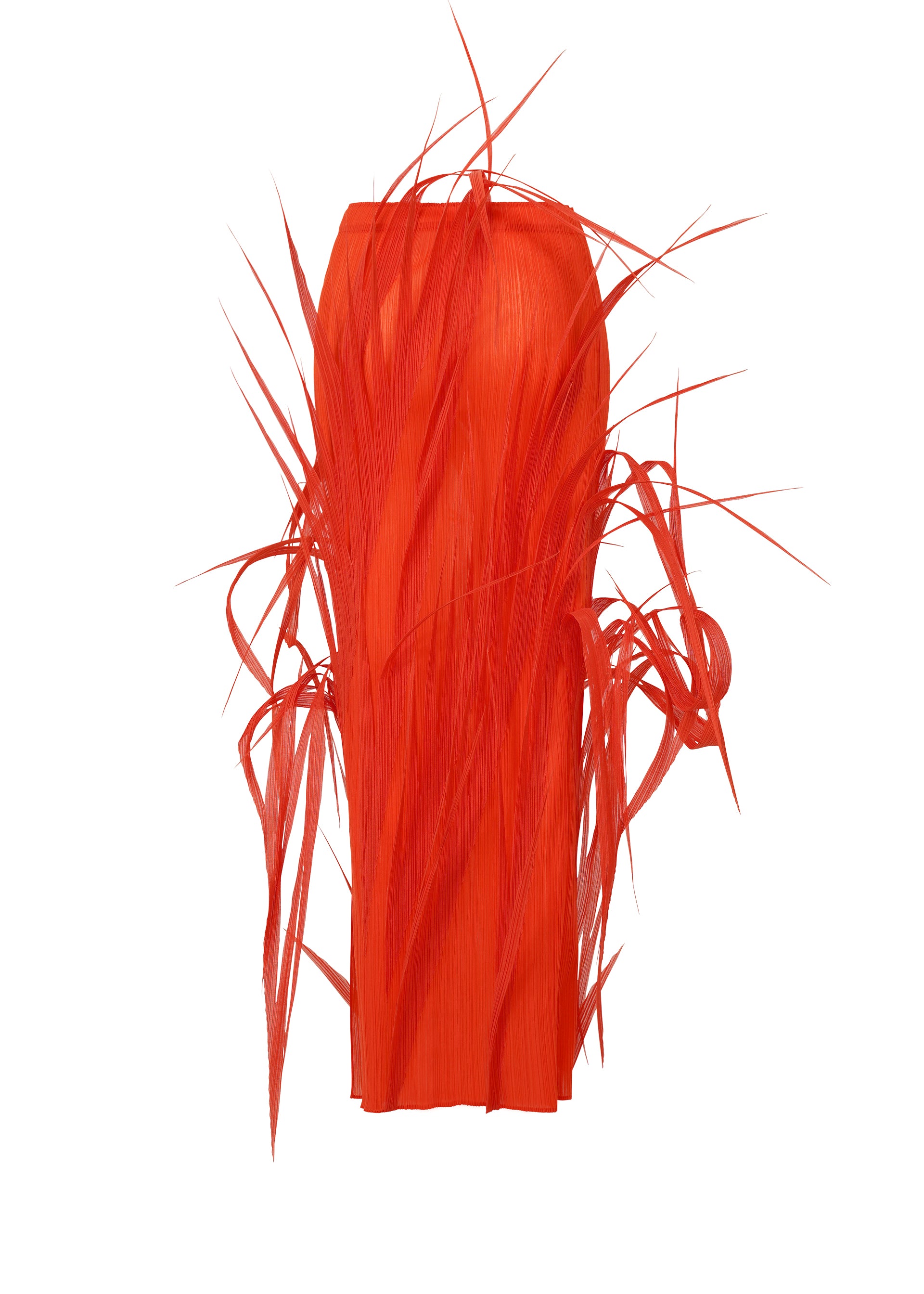 Zoomed view URBAN JUNGLE by ISSEY MIYAKE: A bright red, cylindrical sculptural piece featuring straight and curly spike-like strands in an abstract, dynamic arrangement against a white background.