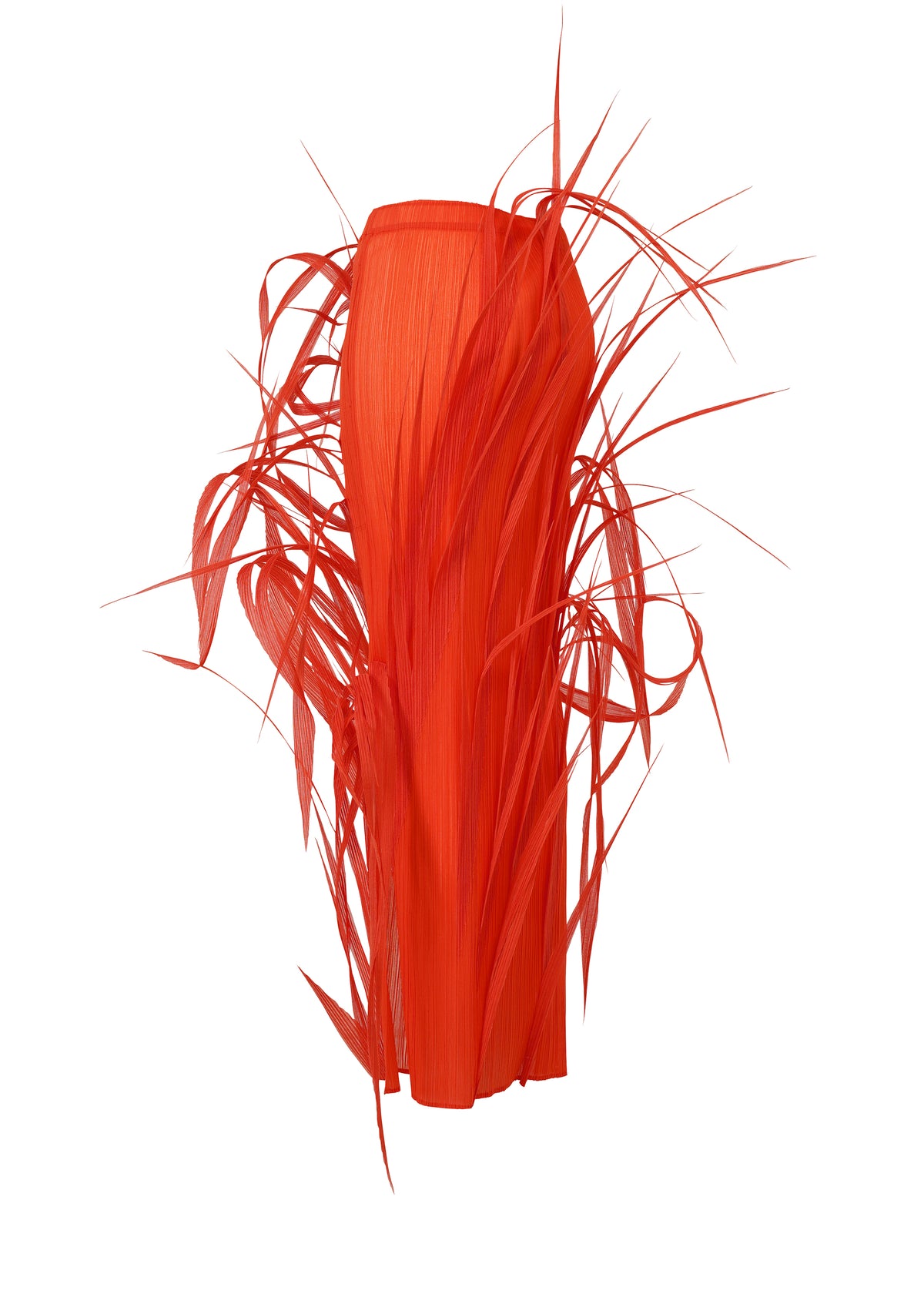 URBAN JUNGLE by ISSEY MIYAKE: A bold red pleated skirt with long, slender, leaf-like extensions for a striking, avant-garde look against a white backdrop. view 5 of 8