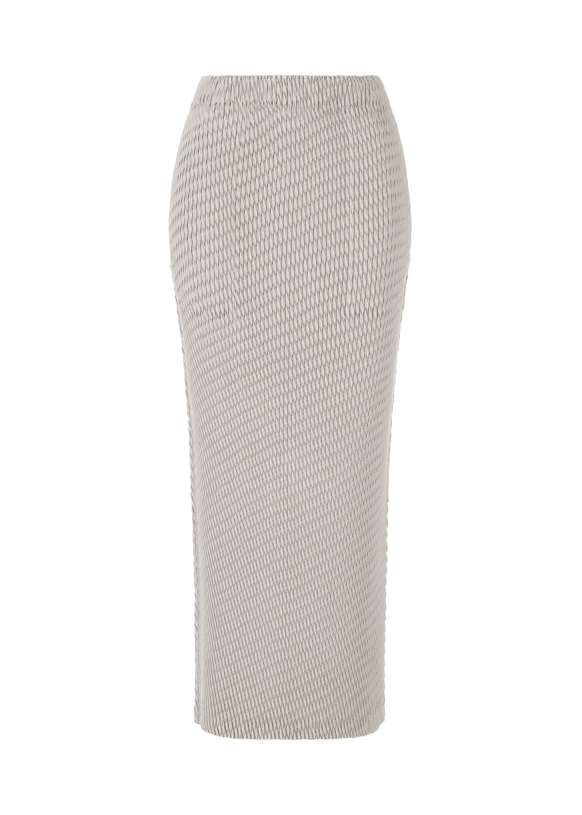 The ISSEY MIYAKE SLEEK PLEATS is a high-waisted, light gray pencil skirt with a fitted knee-length silhouette, boasting a subtle diamond pattern and glossy texture for an elegant touch. view 1 of 8