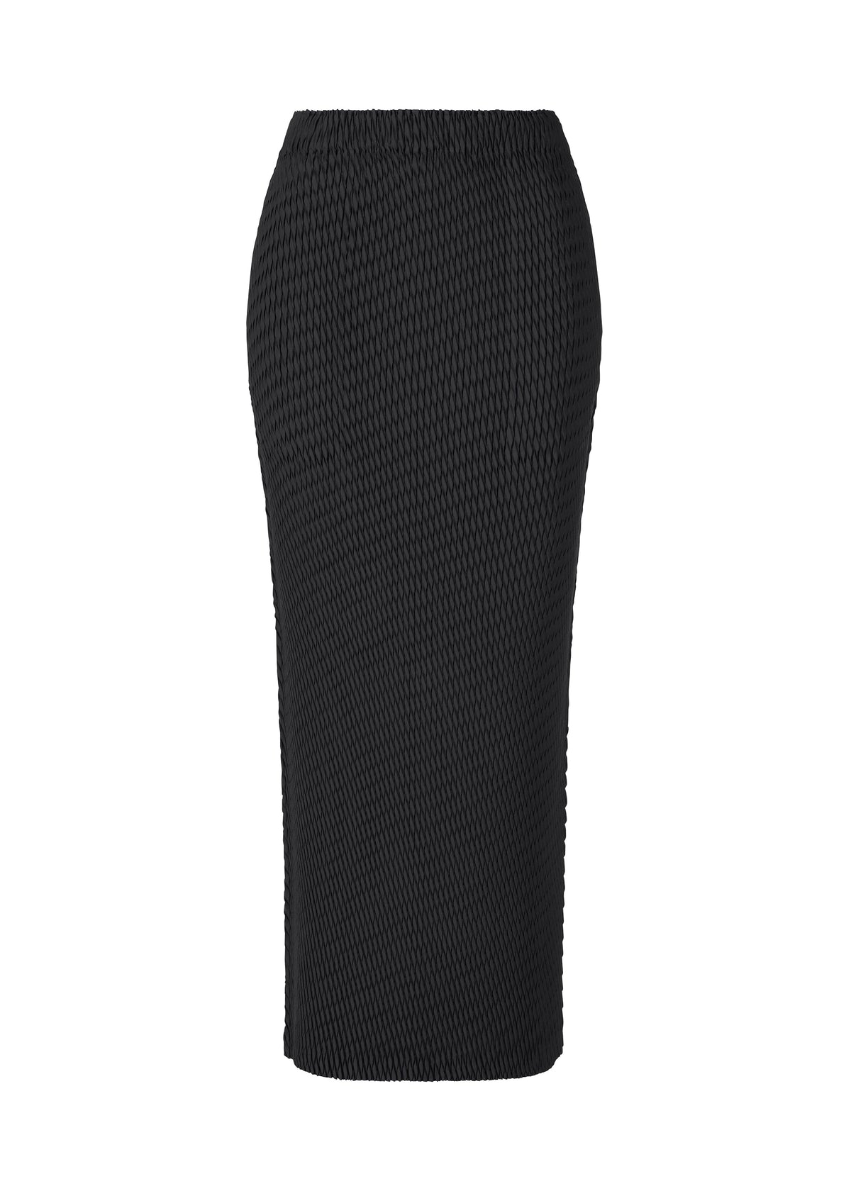 The SLEEK PLEATS skirt by ISSEY MIYAKE is a black, high-waisted pencil skirt with a glossy honeycomb-textured finish and a fitted silhouette, shown against a white background. view 2 of 8