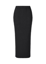 The SLEEK PLEATS skirt by ISSEY MIYAKE is a black, high-waisted pencil skirt with a glossy honeycomb-textured finish and a fitted silhouette, shown against a white background. - BLACK （no.15）