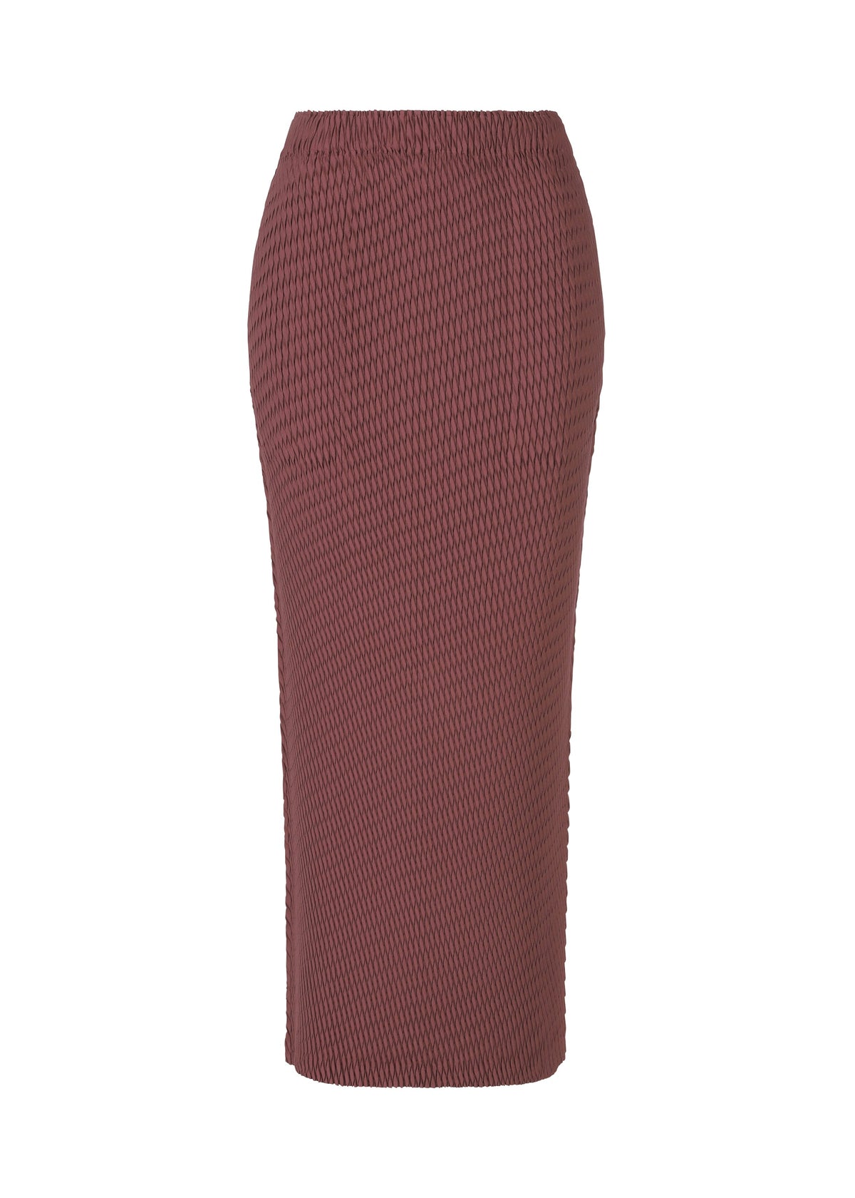 The SLEEK PLEATS skirt by ISSEY MIYAKE is a mauve, high-waisted satin piece with a glossy finish and fitted, below-the-knee silhouette, shown against a white background. view 3 of 8