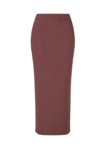 The SLEEK PLEATS skirt by ISSEY MIYAKE is a mauve, high-waisted satin piece with a glossy finish and fitted, below-the-knee silhouette, shown against a white background. - BURGUNDY （no.85）