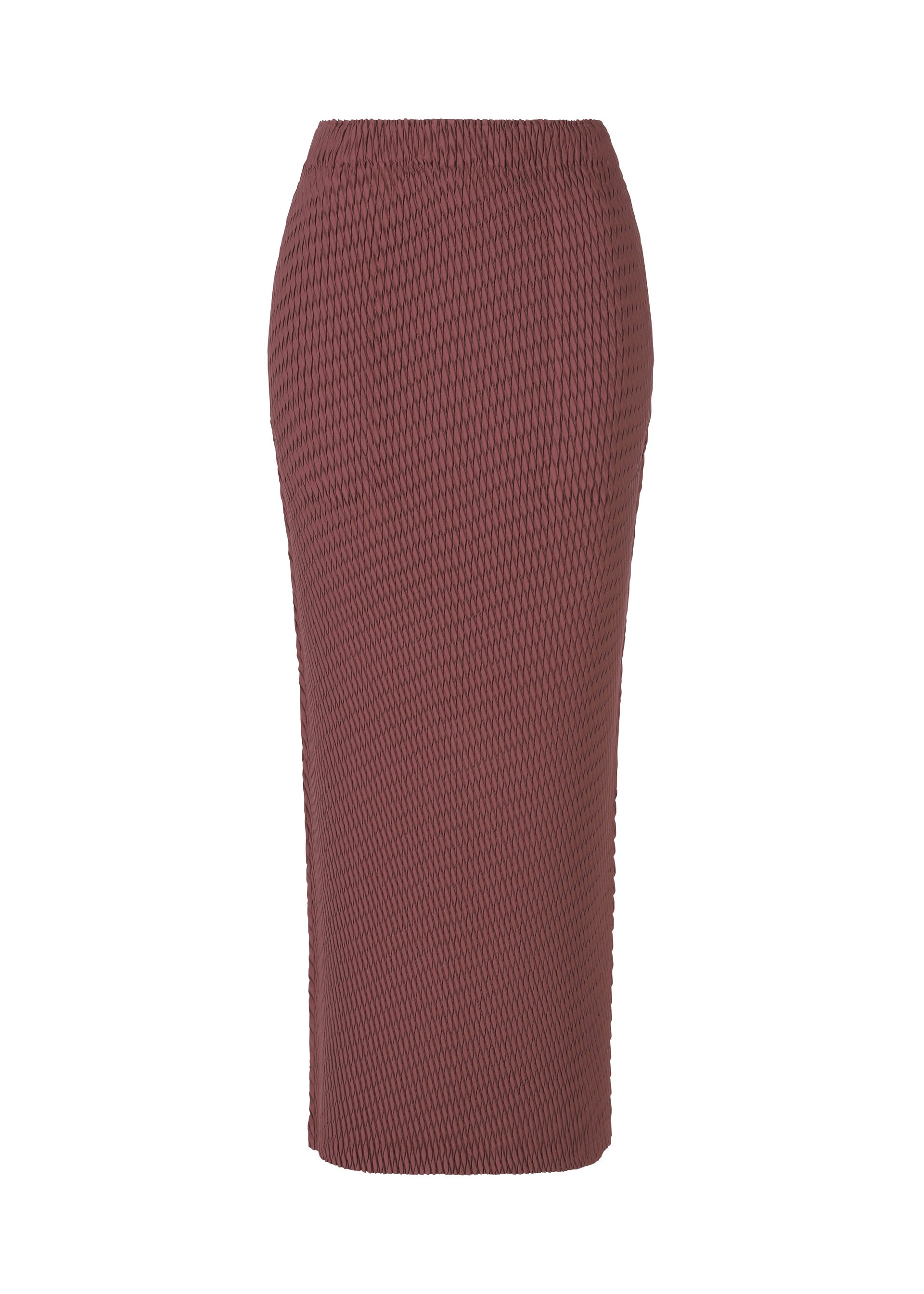 Zoomed view The SLEEK PLEATS skirt by ISSEY MIYAKE is a mauve, high-waisted satin piece with a glossy finish and fitted, below-the-knee silhouette, shown against a white background. - BURGUNDY （no.85）