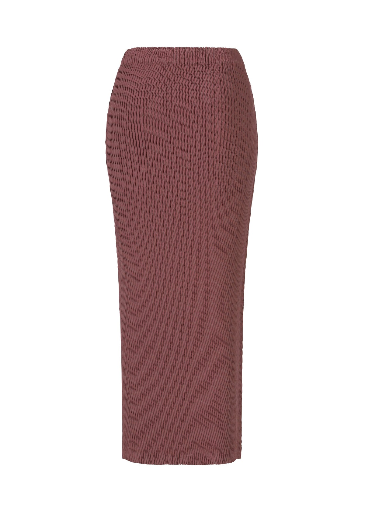 The SLEEK PLEATS skirt by ISSEY MIYAKE is a mauve, satin pencil skirt with a glossy finish, high waist, fitted silhouette, and knee-length hem, shown against a plain white background. view 4 of 8