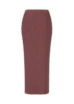 The SLEEK PLEATS skirt by ISSEY MIYAKE is a mauve, satin pencil skirt with a glossy finish, high waist, fitted silhouette, and knee-length hem, shown against a plain white background.