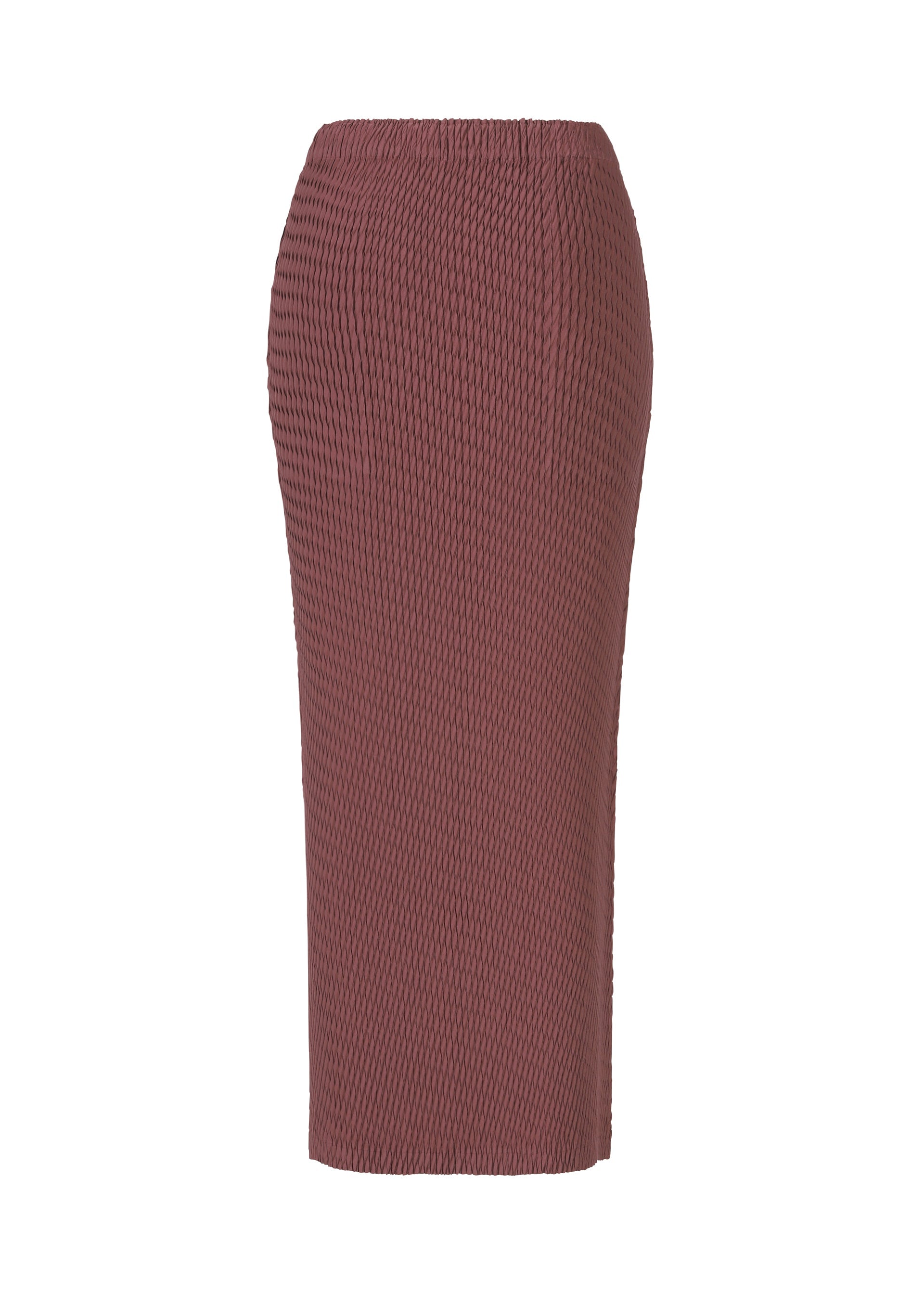 Zoomed view The SLEEK PLEATS skirt by ISSEY MIYAKE is a mauve, satin pencil skirt with a glossy finish, high waist, fitted silhouette, and knee-length hem, shown against a plain white background.
