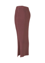 ISSEY MIYAKE's SLEEK PLEATS is a high-waisted, pleated long skirt in mauve with a glossy texture and side slit, shown on a white background.