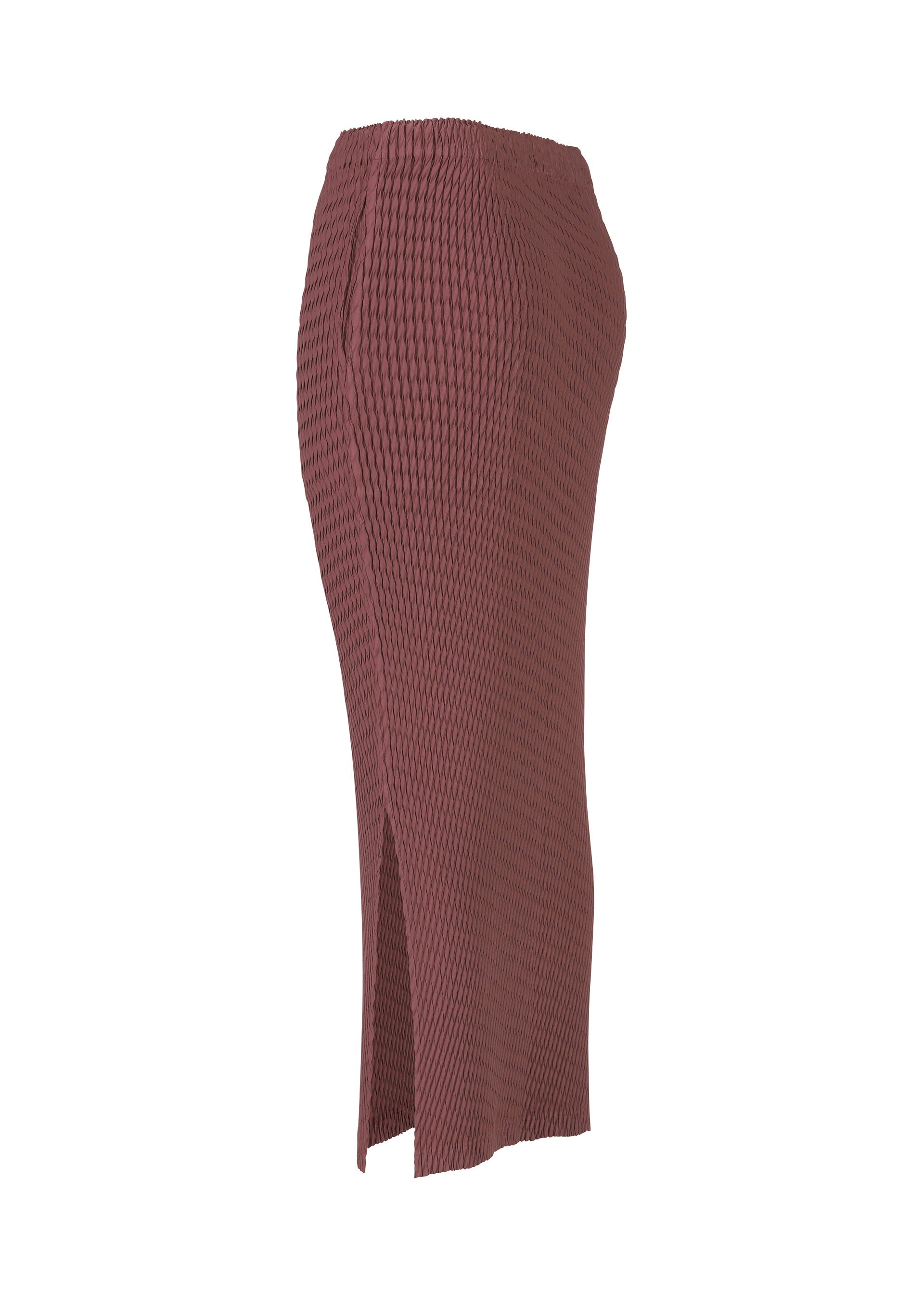 Zoomed view ISSEY MIYAKE's SLEEK PLEATS is a high-waisted, pleated long skirt in mauve with a glossy texture and side slit, shown on a white background.