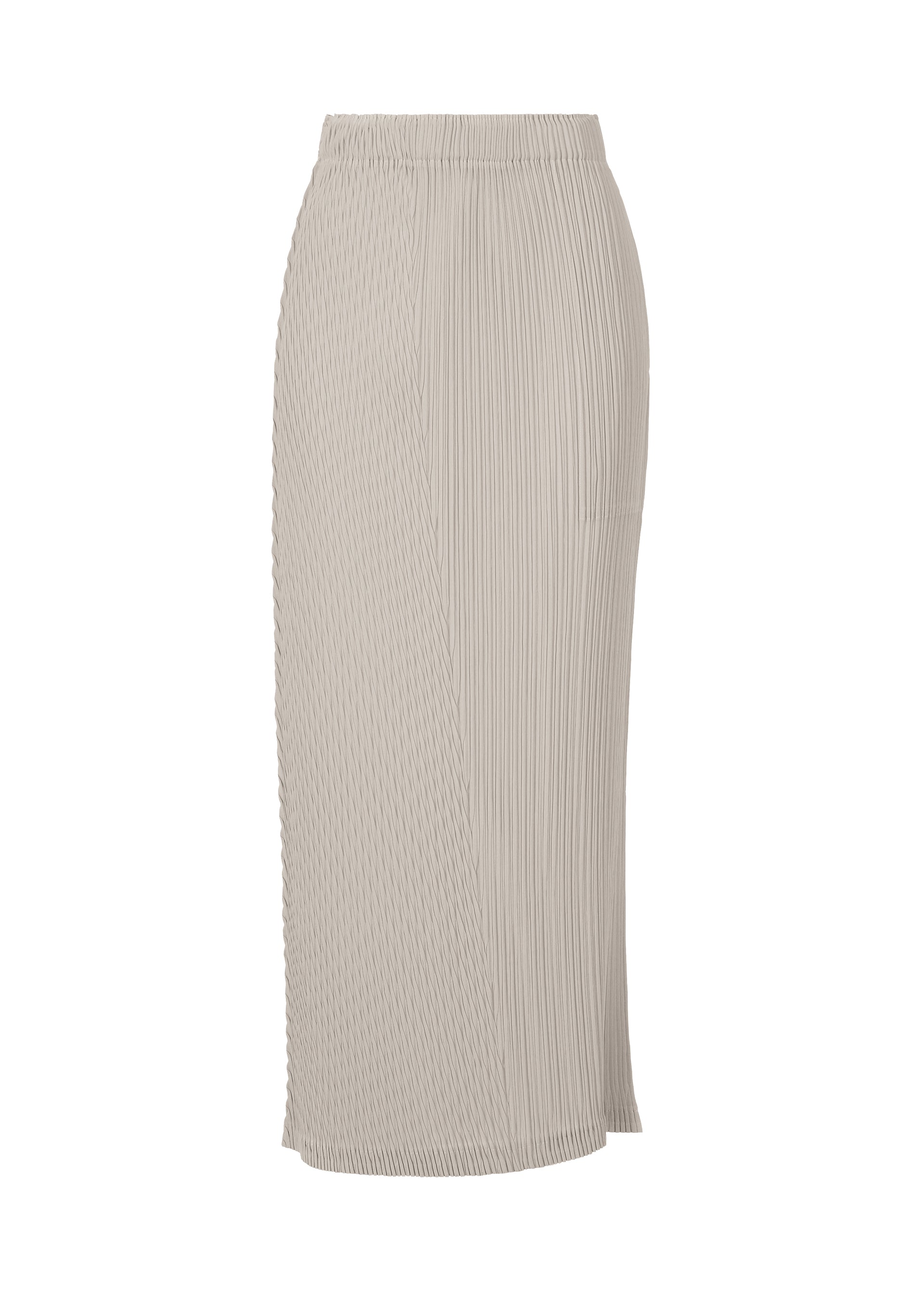 Zoomed view ISSEY MIYAKE BOX SHOULDER PLEATS: Beige, high-waisted, midi pleated skirt with subtle vertical texture, slim fit, and elastic waistband, shown on a white background. - LIGHT GRAY （no.11）