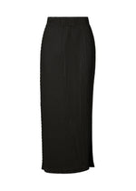 The BOX SHOULDER PLEATS by ISSEY MIYAKE is a black, high-waisted, midi pleated skirt featuring vertical double-pleating and a subtle side slit, shown on a white background. - BLACK （no.15）