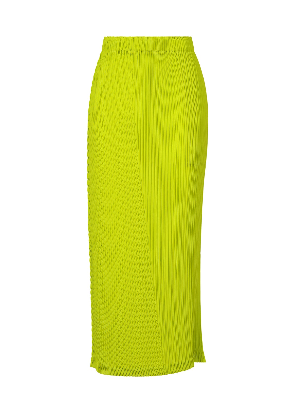 The ISSEY MIYAKE BOX SHOULDER PLEATS is a bright yellow, high-waisted, ankle-length skirt featuring double pleats and an elastic waistband, shown against a white background. view 3 of 8