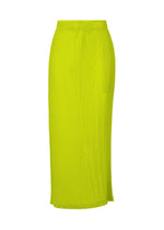 The ISSEY MIYAKE BOX SHOULDER PLEATS is a bright yellow, high-waisted, ankle-length skirt featuring double pleats and an elastic waistband, shown against a white background. - PARAKEET GREEN （no.64）
