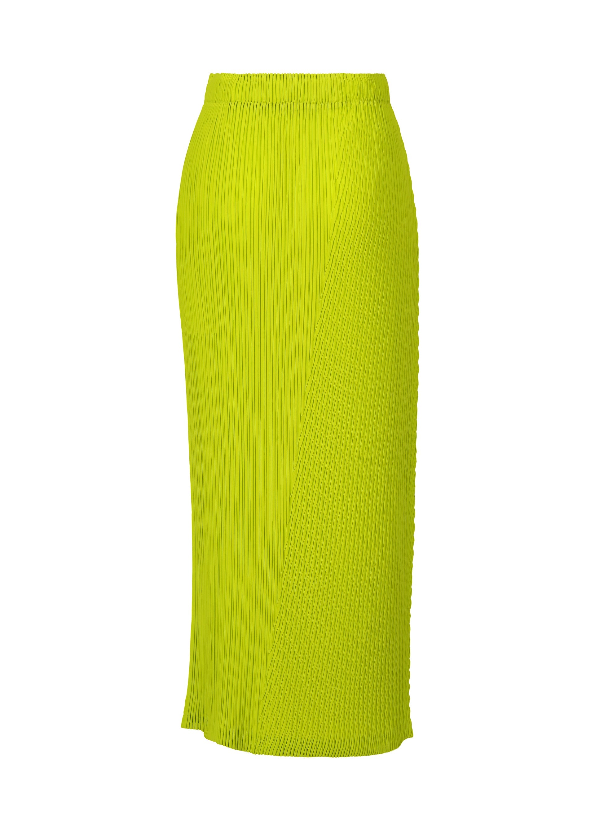 Zoomed view The ISSEY MIYAKE BOX SHOULDER PLEATS skirt in bright yellow-green features double pleating, a high waist, and an asymmetric textured pattern, shown on a plain white background.