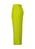 The BOX SHOULDER PLEATS skirt by ISSEY MIYAKE is a bright yellow-green, high-waisted, ankle-length style with double pleating, shown from the side against a white background.
