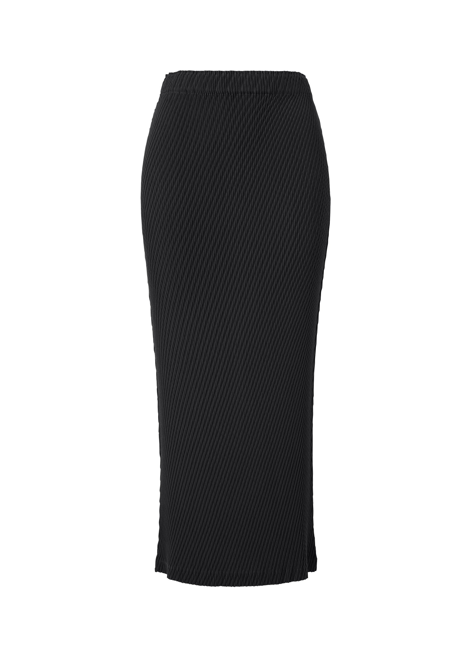 Zoomed view The RHOMBUS PLEATS skirt by ISSEY MIYAKE is a black, knee-length pencil skirt with a fitted high waist and subtle ribbed texture, creating a sleek silhouette. Shown against a white background. - BLACK （no.15）
