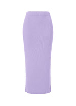 The ISSEY MIYAKE RHOMBUS PLEATS is a high-waisted lavender knit midi skirt featuring ribbed texture and double-pleating details, shown against a white background. - PURPLE （no.81）
