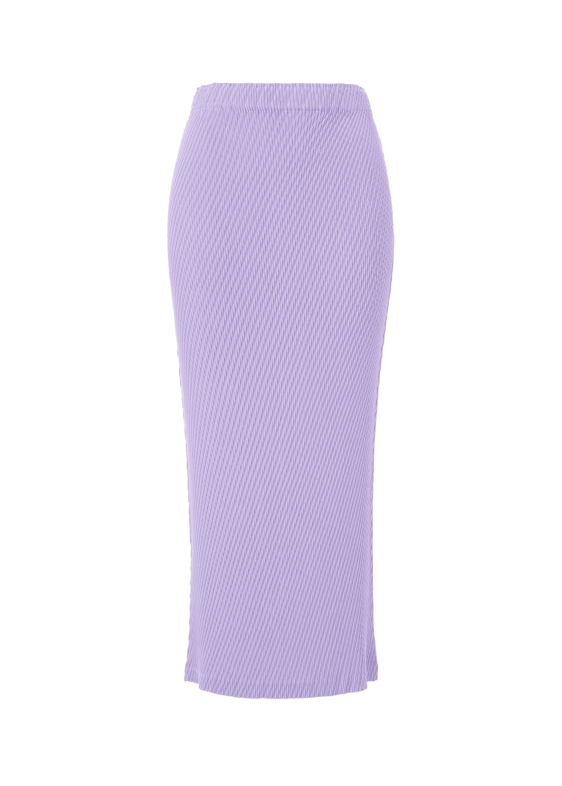 Zoomed view The ISSEY MIYAKE RHOMBUS PLEATS is a high-waisted lavender knit midi skirt featuring ribbed texture and double-pleating details, shown against a white background. - PURPLE （no.81）