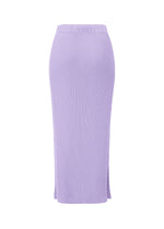 The ISSEY MIYAKE RHOMBUS PLEATS is a lavender ribbed knit midi skirt with a fitted high-waisted silhouette and subtle texture, showcased against a white background.