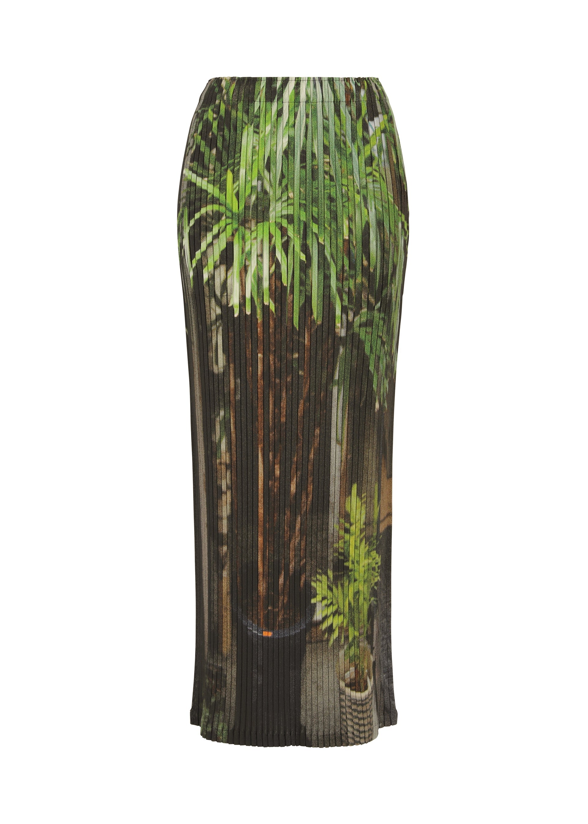Zoomed view The URBAN JUNGLE PLEATS by ISSEY MIYAKE is a midi pleated skirt with a tropical jungle print of green potted plants and tree trunks, offering a nature-inspired look. - BLACK-HUED （no.17）
