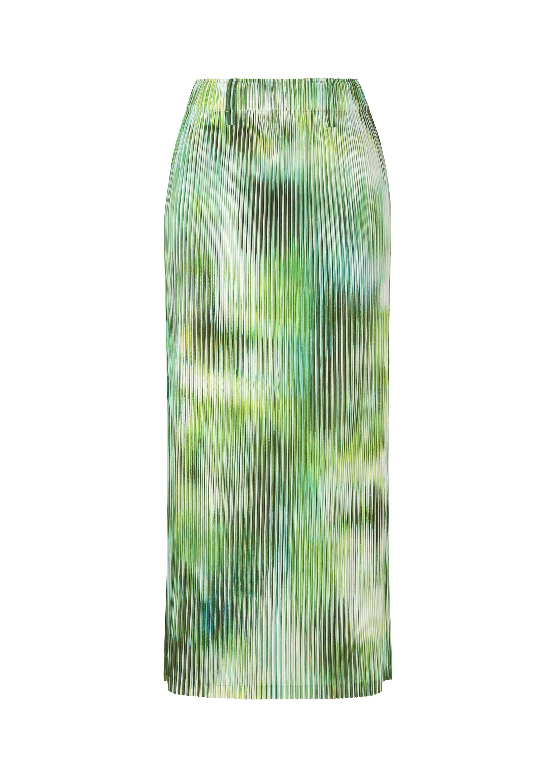 Zoomed view The OBSCURE PLEATS skirt by ISSEY MIYAKE is a long, pleated polyester piece with a green and white tie-dye pattern, shown against a plain white background. - GREEN-HUED (no.66)