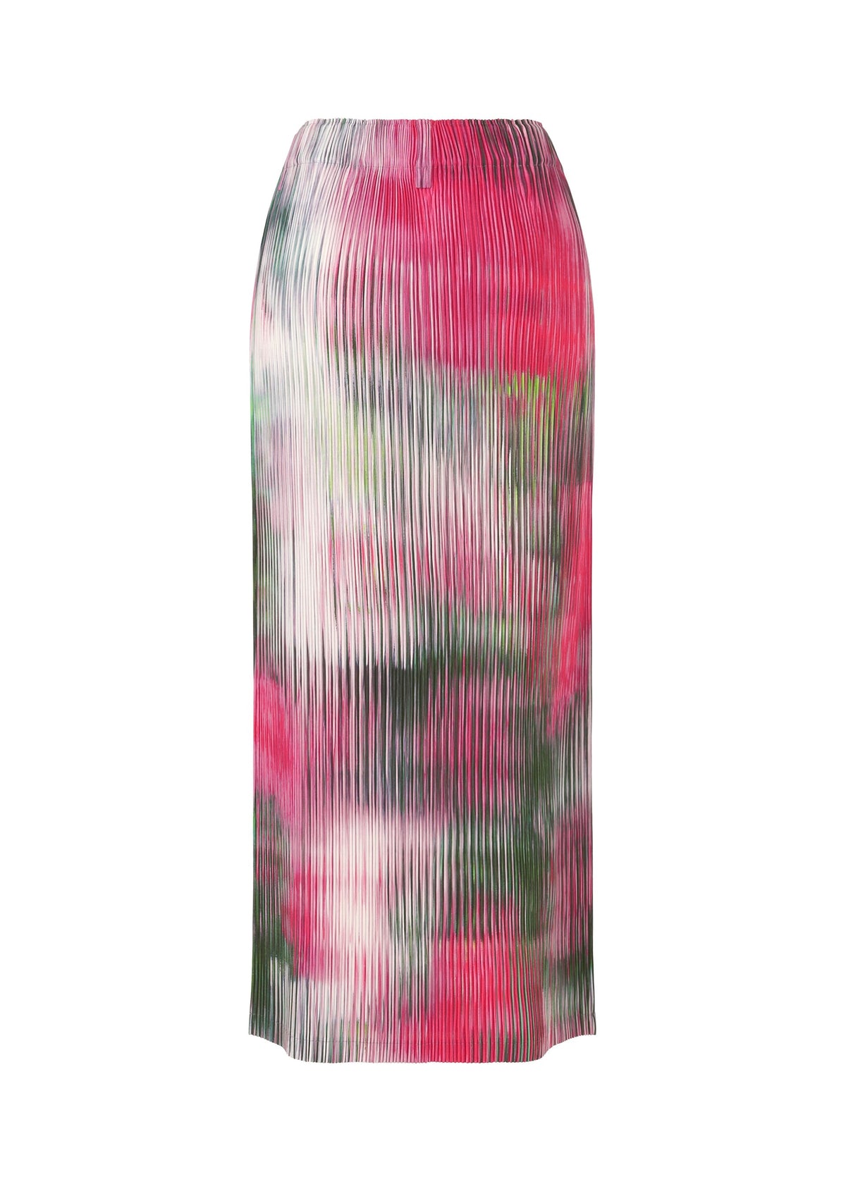 The OBSCURE PLEATS skirt by ISSEY MIYAKE features a high-waisted, pleated design with a vibrant pink, green, and white abstract tie-dye pattern in lightweight polyester for a modern look. view 4 of 8