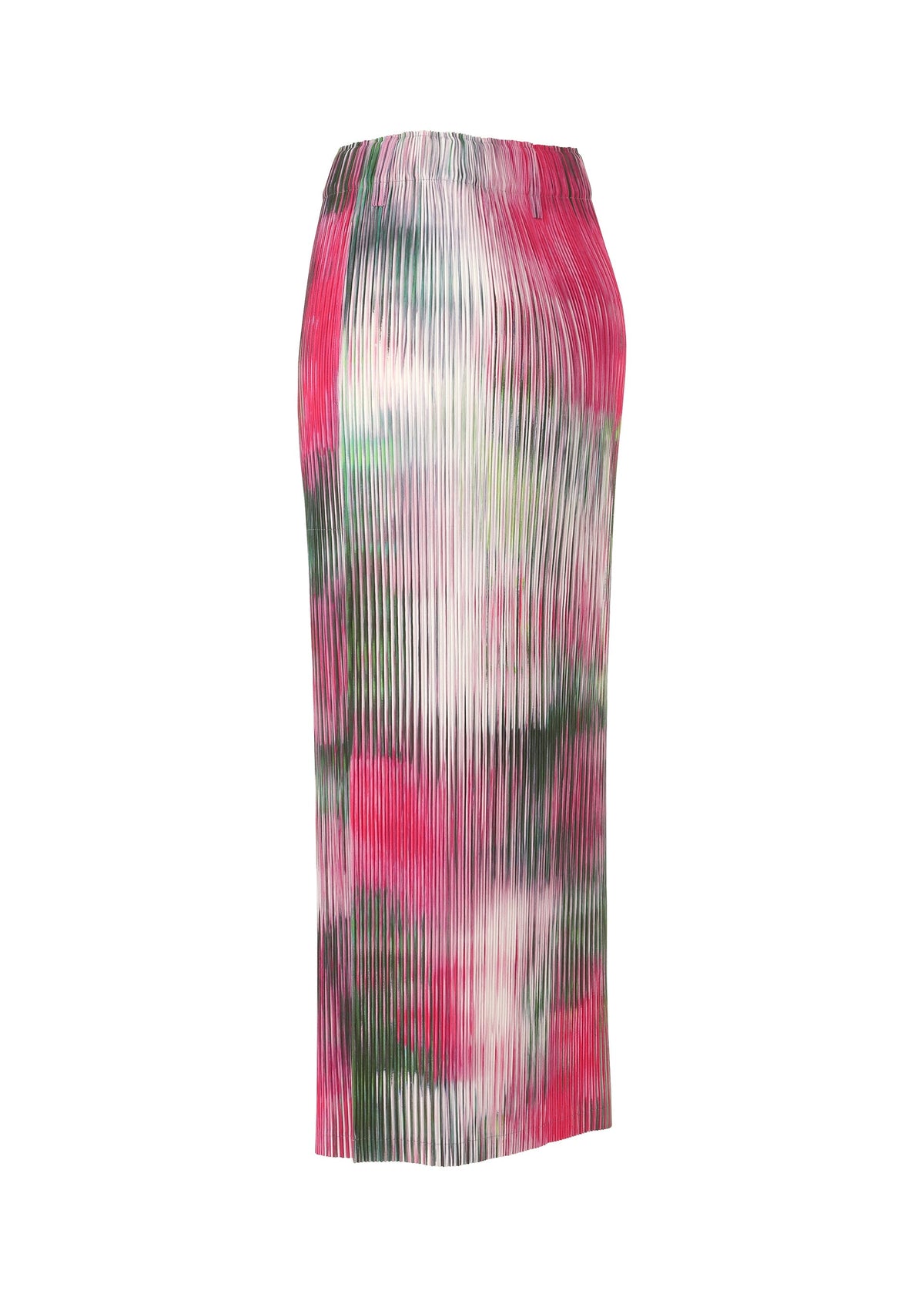 The OBSCURE PLEATS skirt by ISSEY MIYAKE is a high-waisted, ankle-length moiré-style pleated design with a pink, green, and white tie-dye pattern, displayed against a white background. view 5 of 8