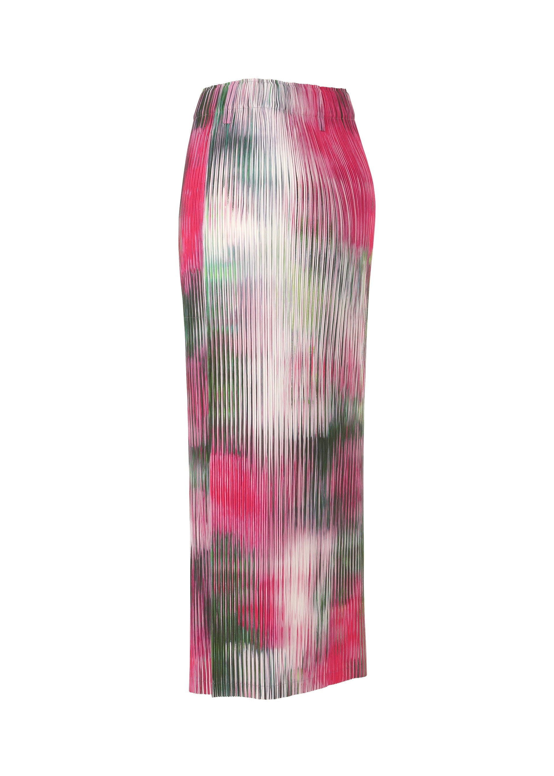 Zoomed view The OBSCURE PLEATS skirt by ISSEY MIYAKE is a high-waisted, ankle-length moiré-style pleated design with a pink, green, and white tie-dye pattern, displayed against a white background.