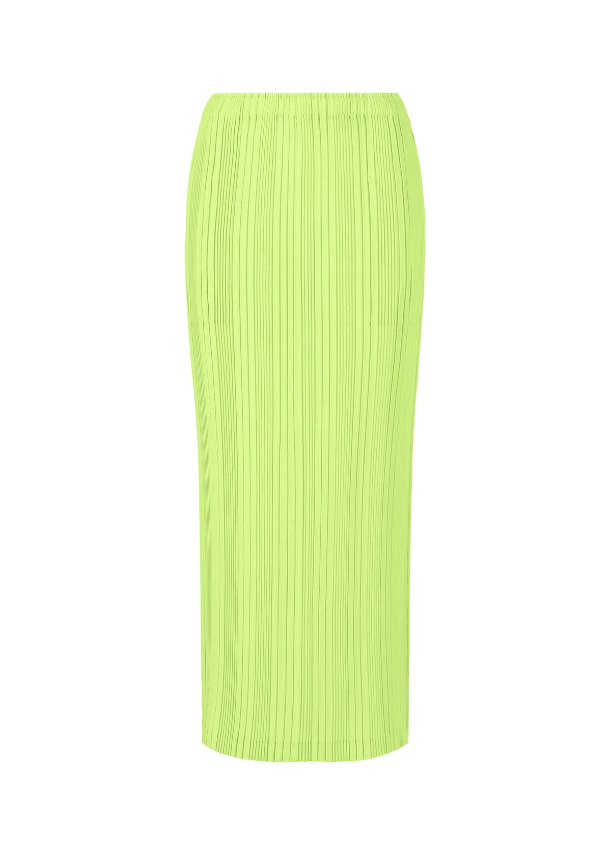 The LINEN LIKE RIB PLEATS by ISSEY MIYAKE is a long, high-waisted neon green skirt with vertical ribbed pleats and a straight fit, shown on a white background. view 2 of 9