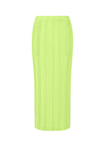 The LINEN LIKE RIB PLEATS by ISSEY MIYAKE is a long, high-waisted neon green skirt with vertical ribbed pleats and a straight fit, shown on a white background. - LIME GREEN （no.60）