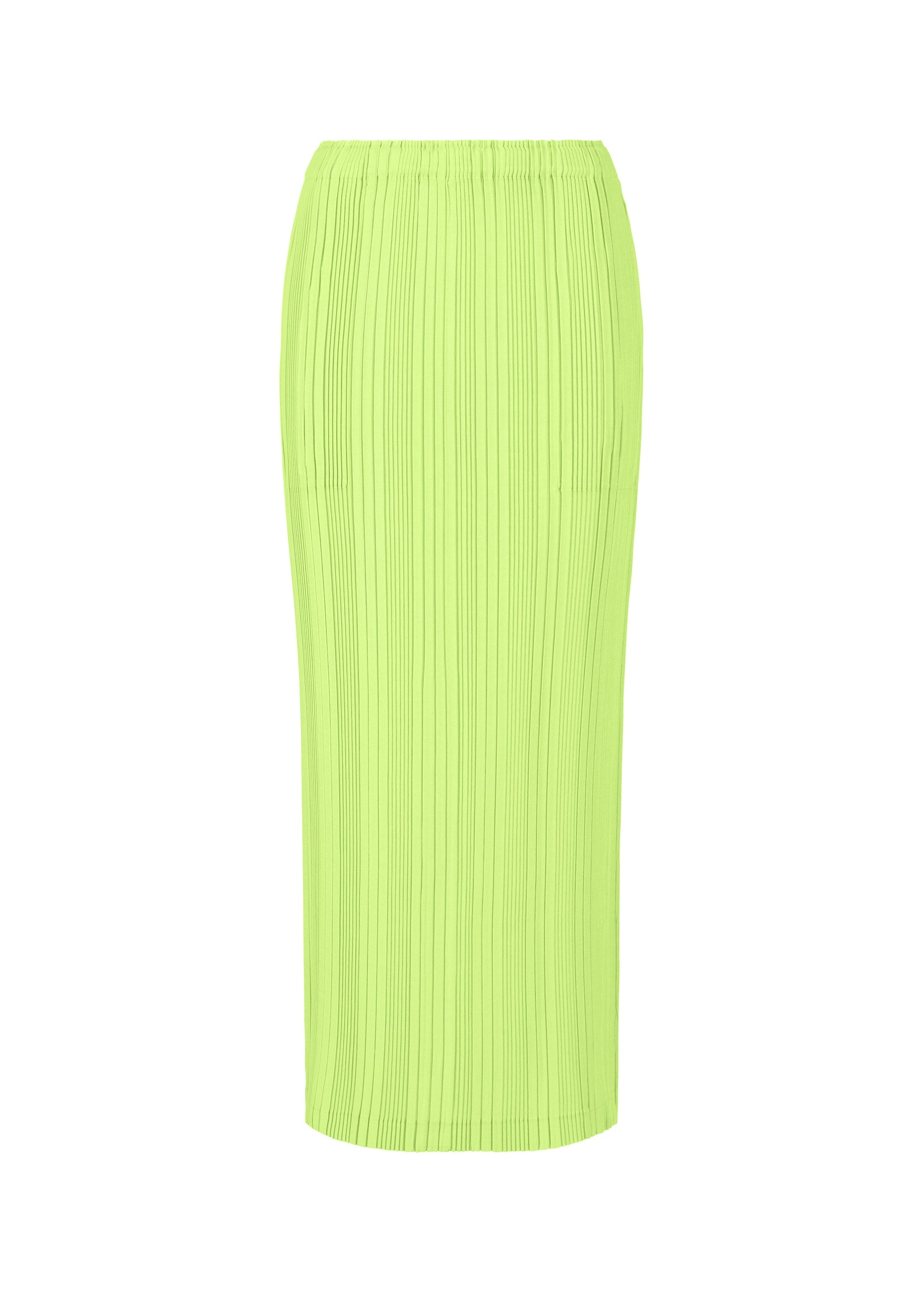 Zoomed view The LINEN LIKE RIB PLEATS by ISSEY MIYAKE is a long, high-waisted neon green skirt with vertical ribbed pleats and a straight fit, shown on a white background. - LIME GREEN （no.60）