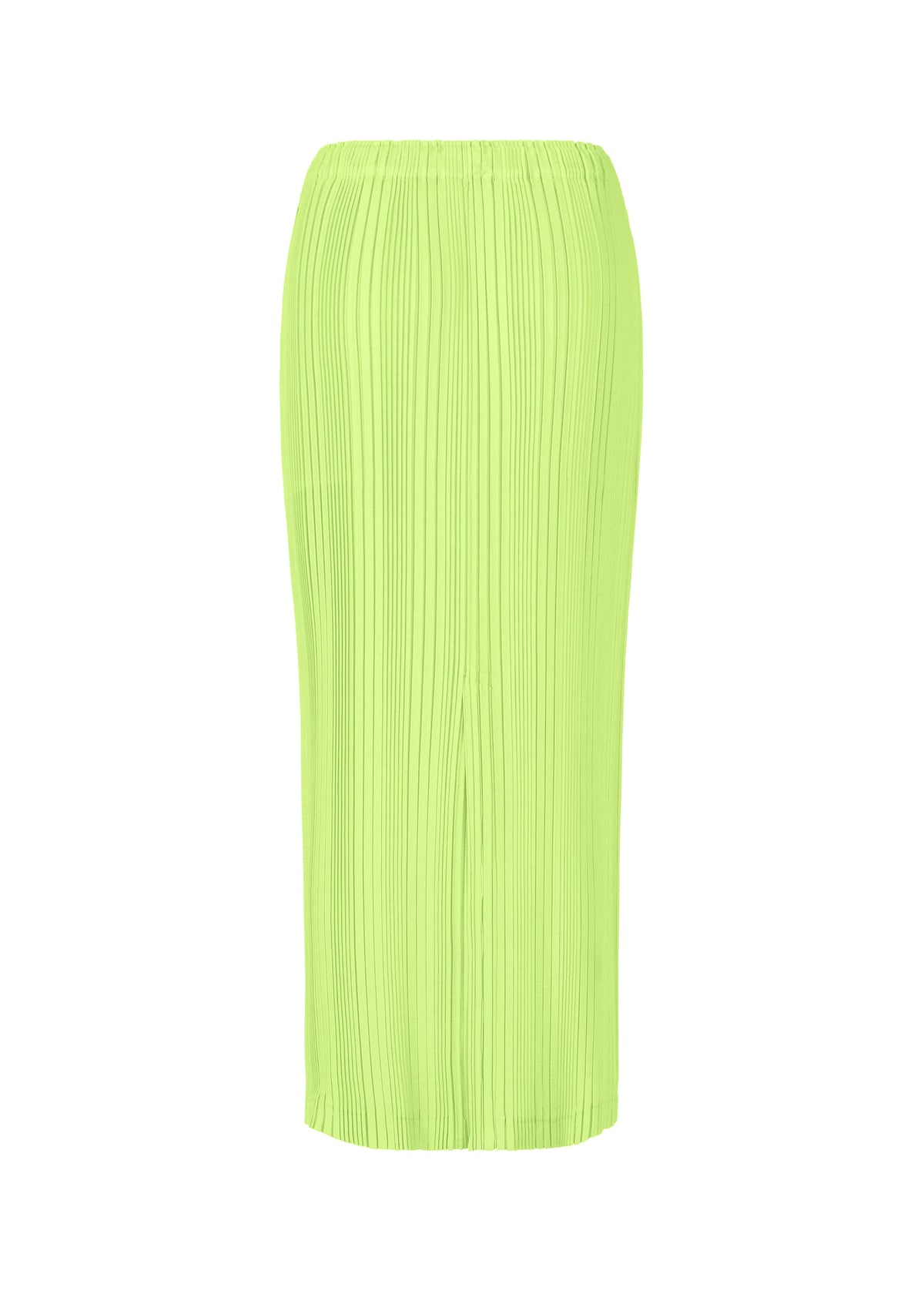 The ISSEY MIYAKE LINEN LIKE RIB PLEATS is an ankle-length, lime green pleated skirt with an elastic waistband and a linen-like texture, shown against a plain white background. view 4 of 9