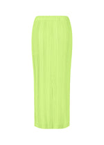 The ISSEY MIYAKE LINEN LIKE RIB PLEATS is an ankle-length, lime green pleated skirt with an elastic waistband and a linen-like texture, shown against a plain white background.