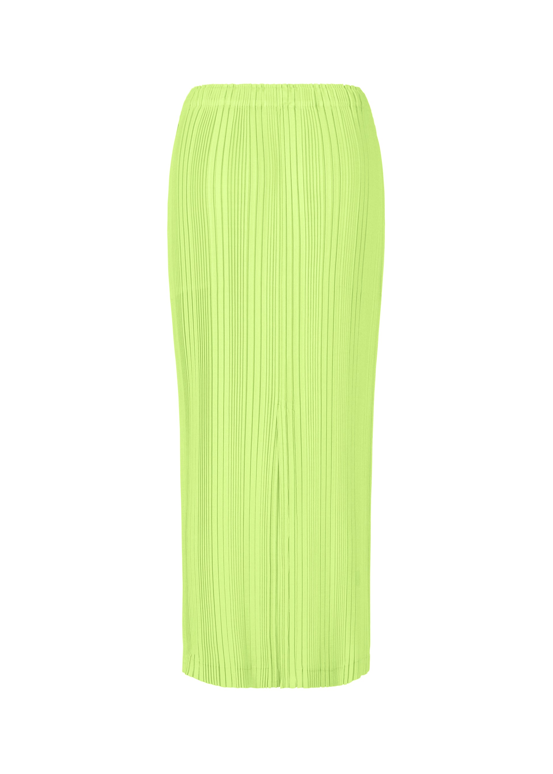 Zoomed view The ISSEY MIYAKE LINEN LIKE RIB PLEATS is an ankle-length, lime green pleated skirt with an elastic waistband and a linen-like texture, shown against a plain white background.