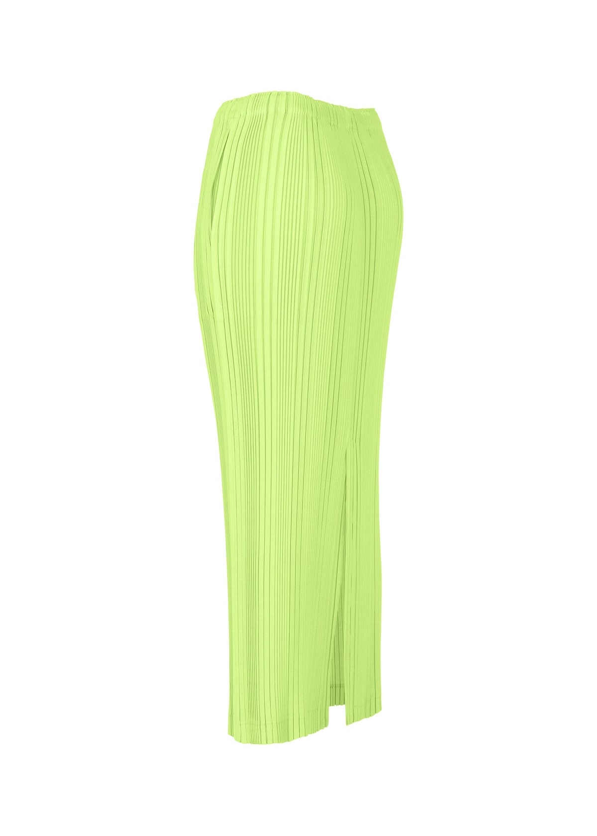 The LINEN LIKE RIB PLEATS skirt by ISSEY MIYAKE is a lime green, high-waisted, midi-length pleated skirt with a straight fit and side slit, shown on a white background. view 5 of 9