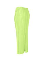 The LINEN LIKE RIB PLEATS skirt by ISSEY MIYAKE is a lime green, high-waisted, midi-length pleated skirt with a straight fit and side slit, shown on a white background.