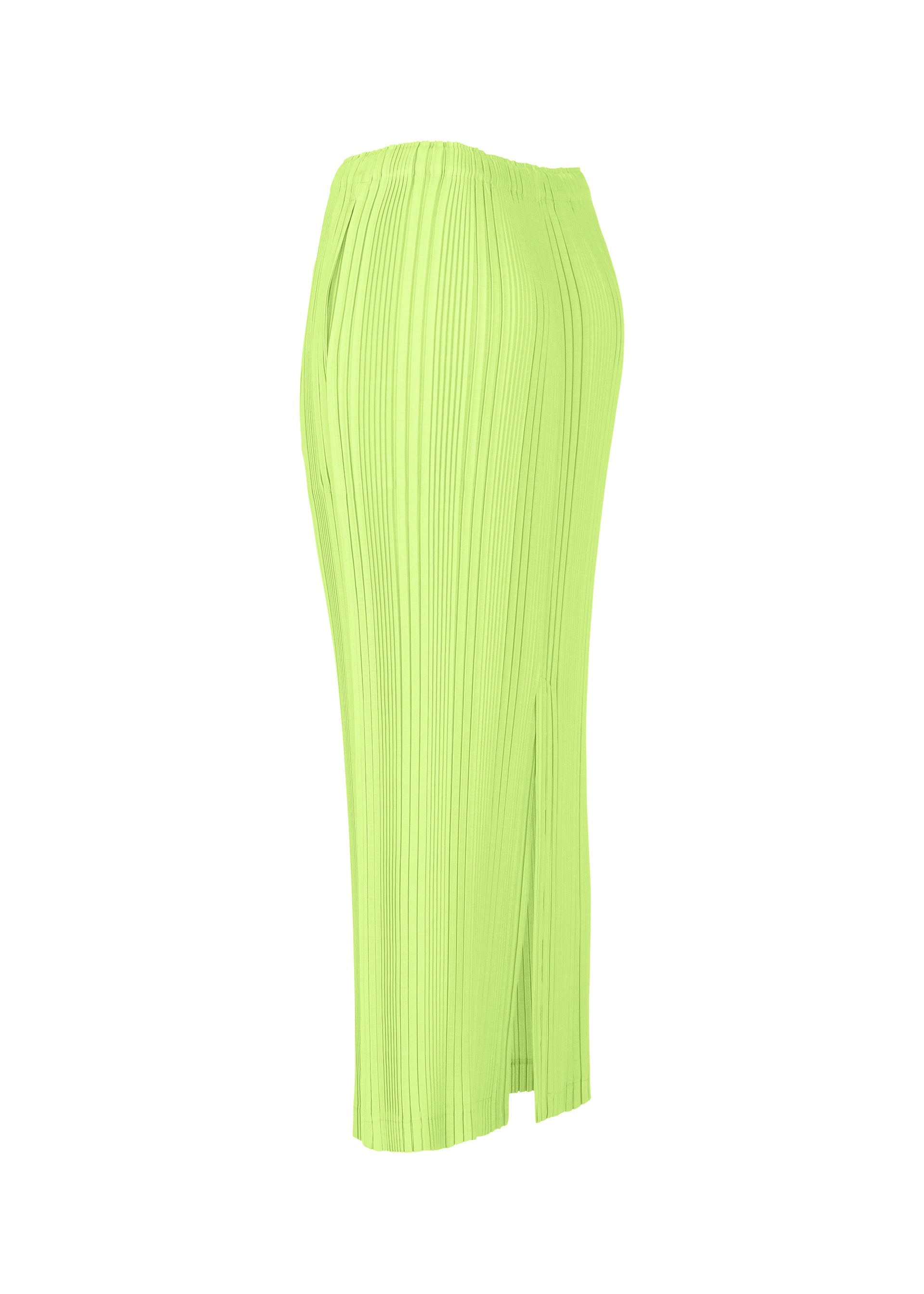 Zoomed view The LINEN LIKE RIB PLEATS skirt by ISSEY MIYAKE is a lime green, high-waisted, midi-length pleated skirt with a straight fit and side slit, shown on a white background.