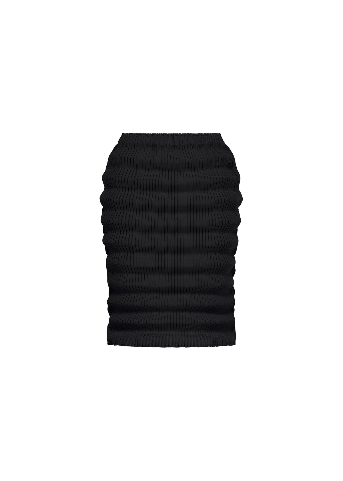 SPRING PLEATS by ISSEY MIYAKE: a black, high-waisted, knee-length skirt featuring box and accordion pleats in textured high-twist polyester, shown against a plain white background. view 1 of 7
