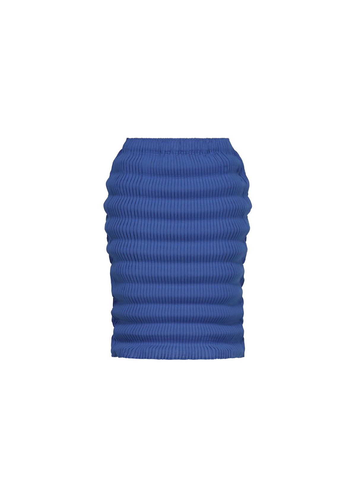 The SPRING PLEATS skirt by ISSEY MIYAKE is a blue, knee-length box pleat design with handmade pleats and a fitted elastic waistband, crafted from high-twist polyester and shown against a plain white background. view 2 of 7