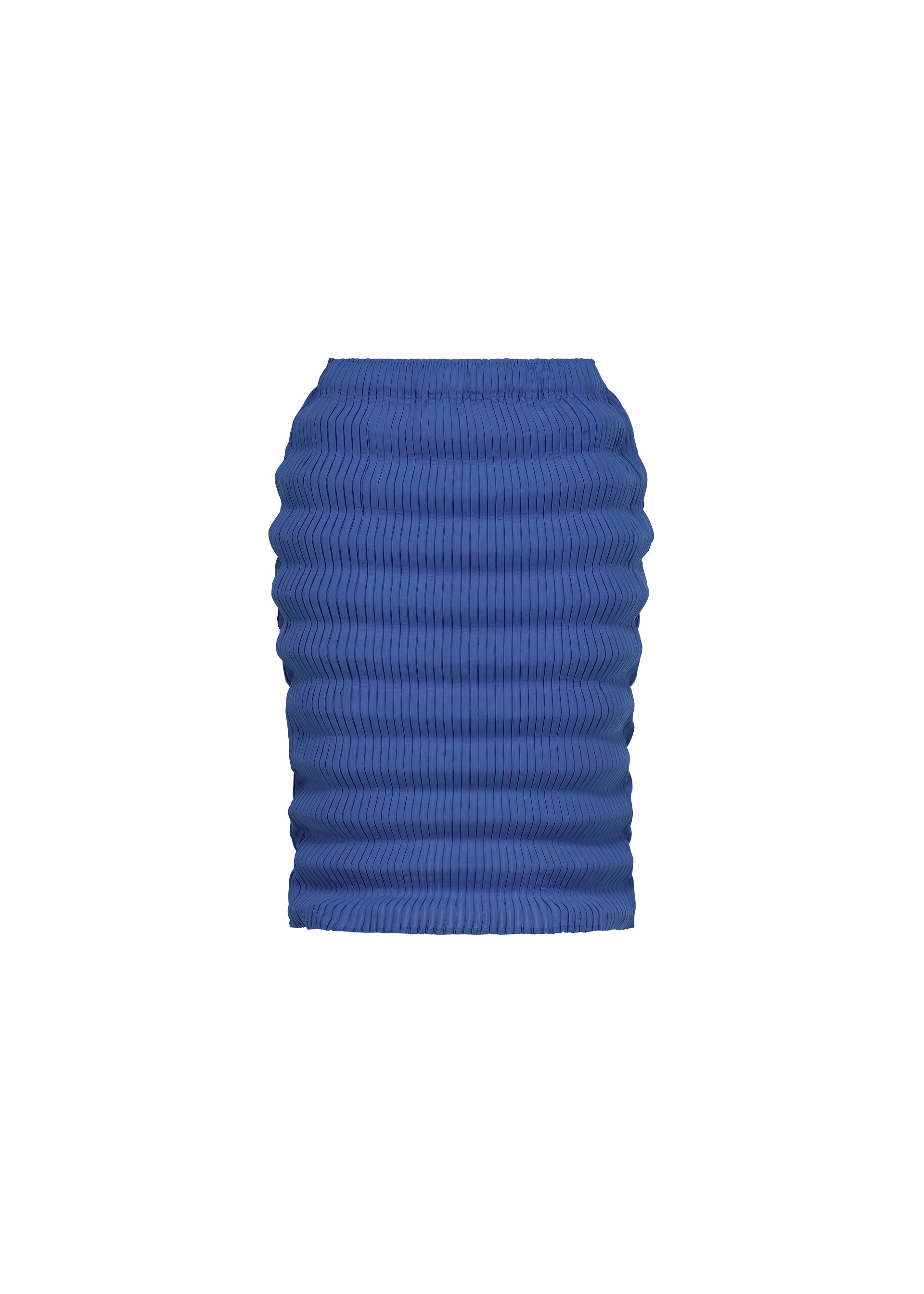 Zoomed view The SPRING PLEATS skirt by ISSEY MIYAKE is a blue, knee-length box pleat design with handmade pleats and a fitted elastic waistband, crafted from high-twist polyester and shown against a plain white background. - STARLING BLUE （no.74）