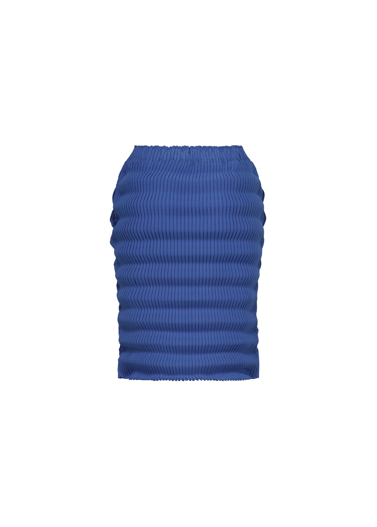The SPRING PLEATS skirt by ISSEY MIYAKE is a blue, knee-length, high-waist box pleat design featuring textured, handmade pleats in high-twist polyester, shown on a white background. view 3 of 7