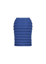 The SPRING PLEATS skirt by ISSEY MIYAKE is a blue, knee-length, high-waist box pleat design featuring textured, handmade pleats in high-twist polyester, shown on a white background.