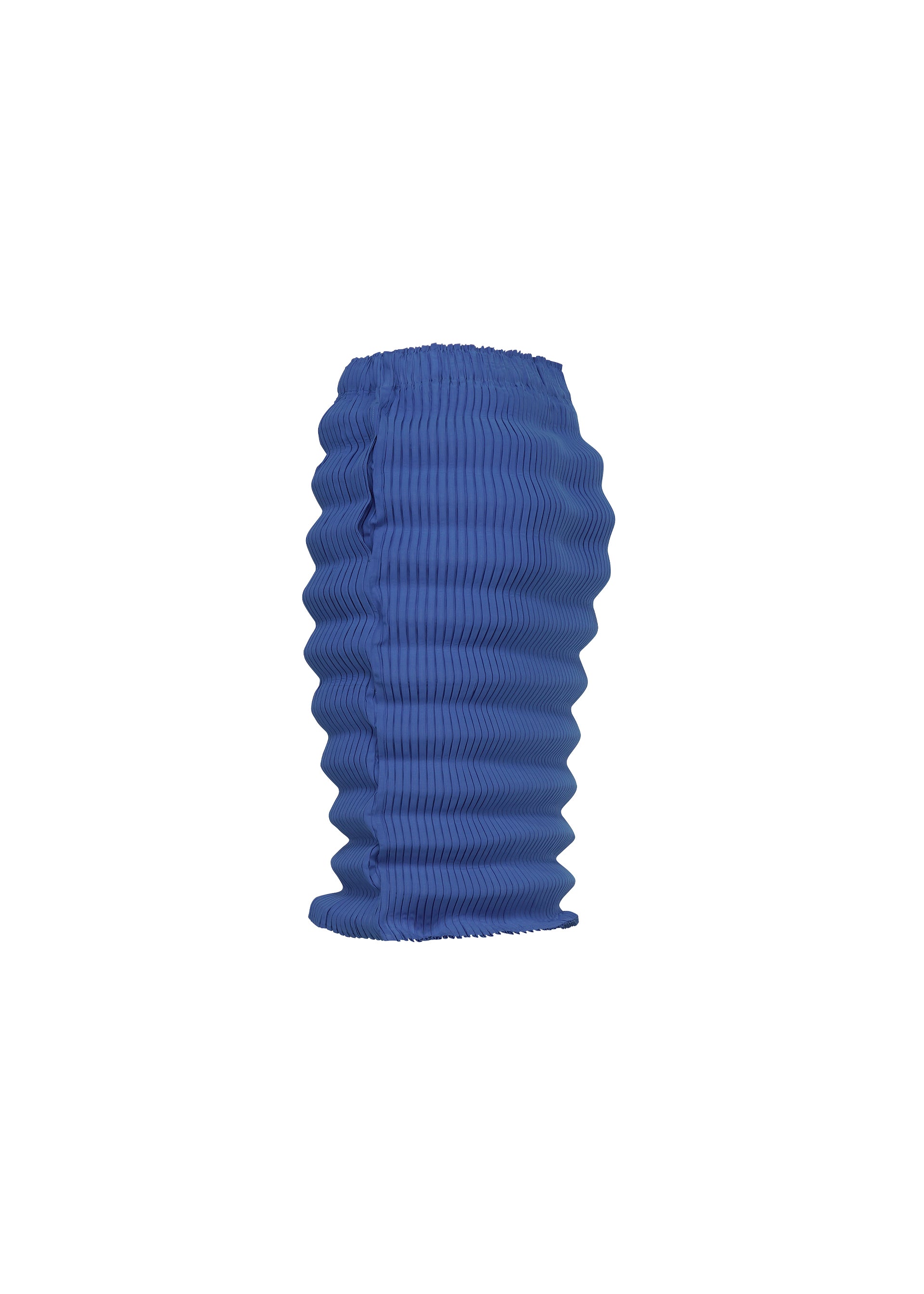 Zoomed view The SPRING PLEATS skirt by ISSEY MIYAKE features a high waist and unique handmade accordion pleats in blue high-twist polyester, creating a sculptural look that stands out against a plain white background.