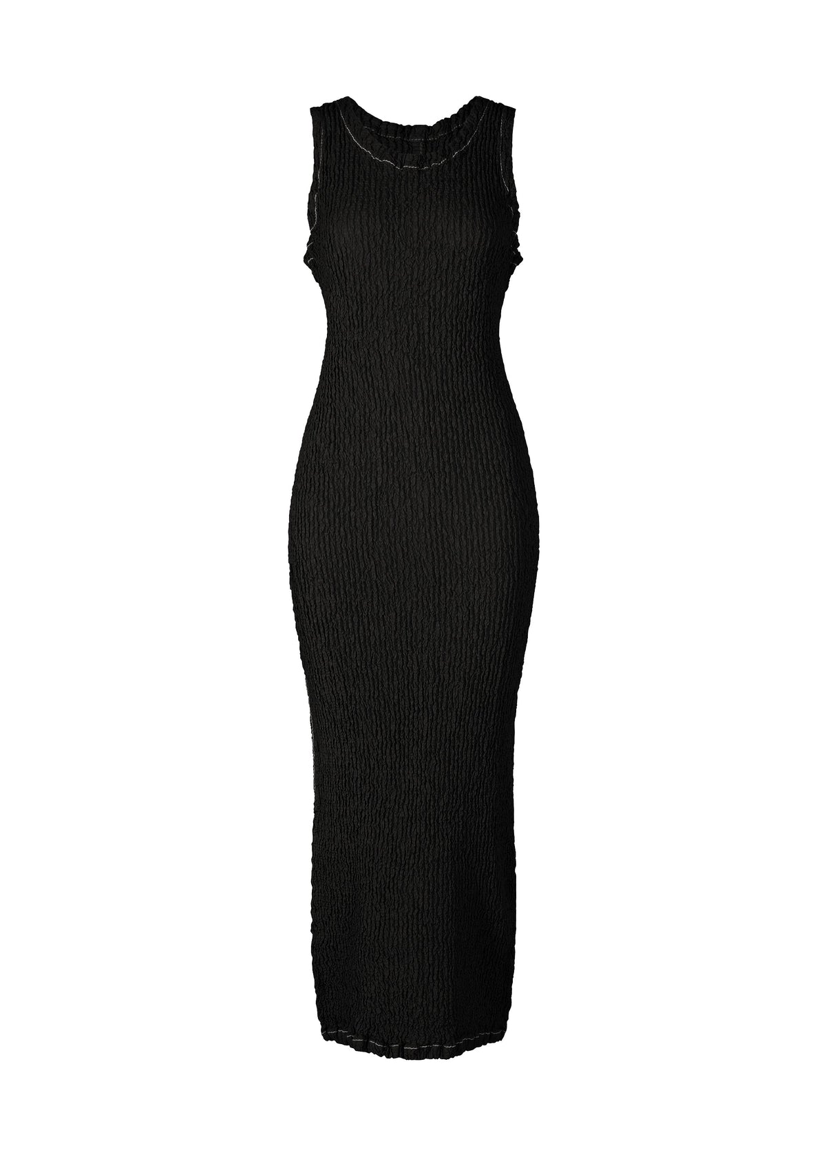 The WAVELET ENSEMBLE by ISSEY MIYAKE is a sleeveless, form-fitting black midi dress made from jacquard stretch ribbed polyester, shown on a white background. view 2 of 6